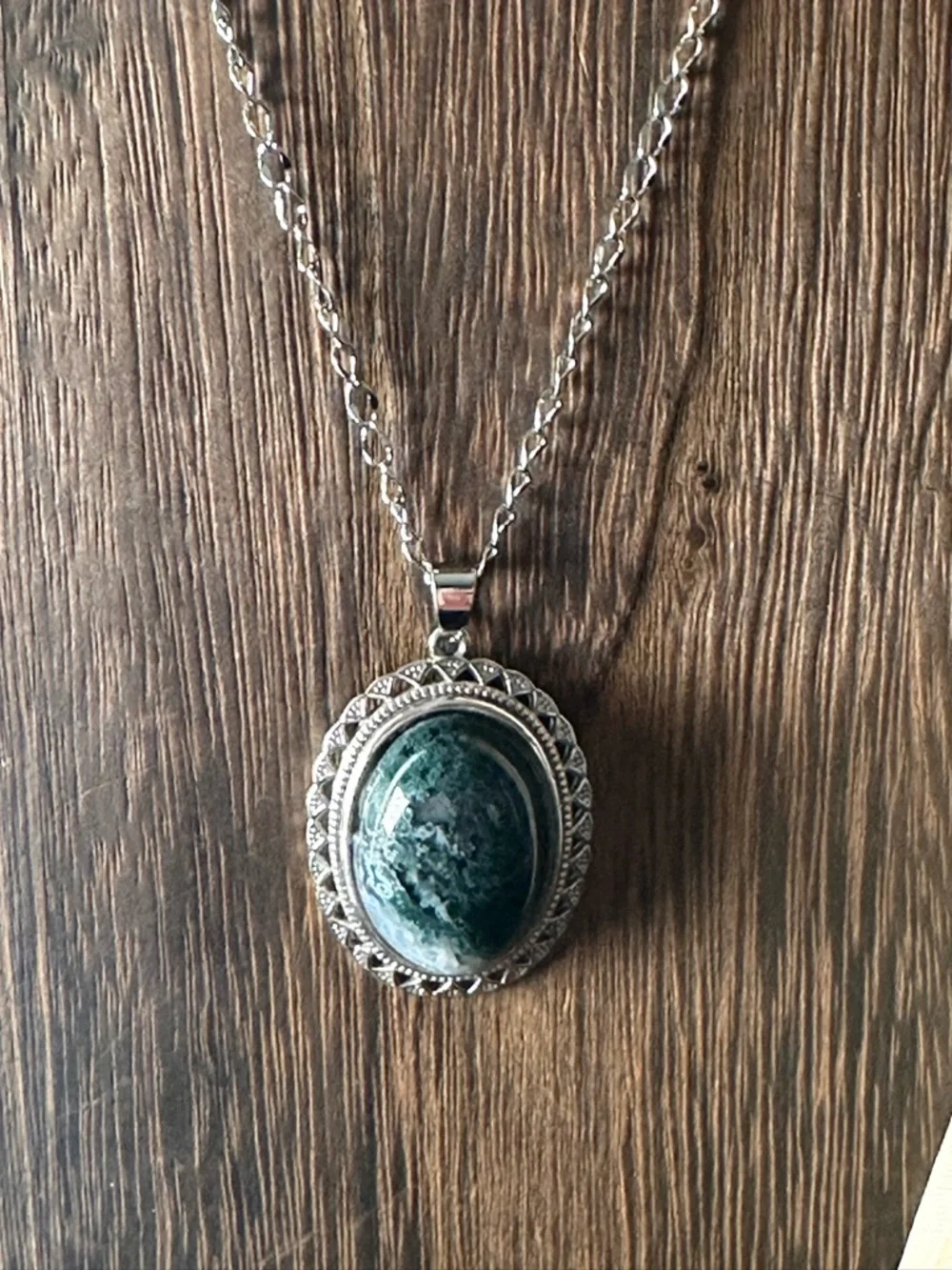 Silver-Tone Green Stone Oval Pendant Necklace - Women Jewelry - Picture 6 of 15